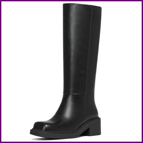 Womens Knee High Boots Square Toe Chunky Heel Wide Calf Biker Riding